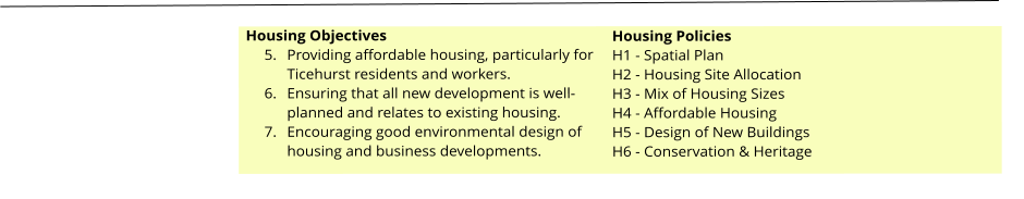 Housing Objectives 	5.	Providing affordable housing, particularly for Ticehurst residents and workers. 	6.	Ensuring that all new development is well-planned and relates to existing housing. 	7.	Encouraging good environmental design of housing and business developments.  Housing Policies H1 - Spatial Plan H2 - Housing Site Allocation H3 - Mix of Housing Sizes H4 - Affordable Housing H5 - Design of New Buildings H6 - Conservation & Heritage